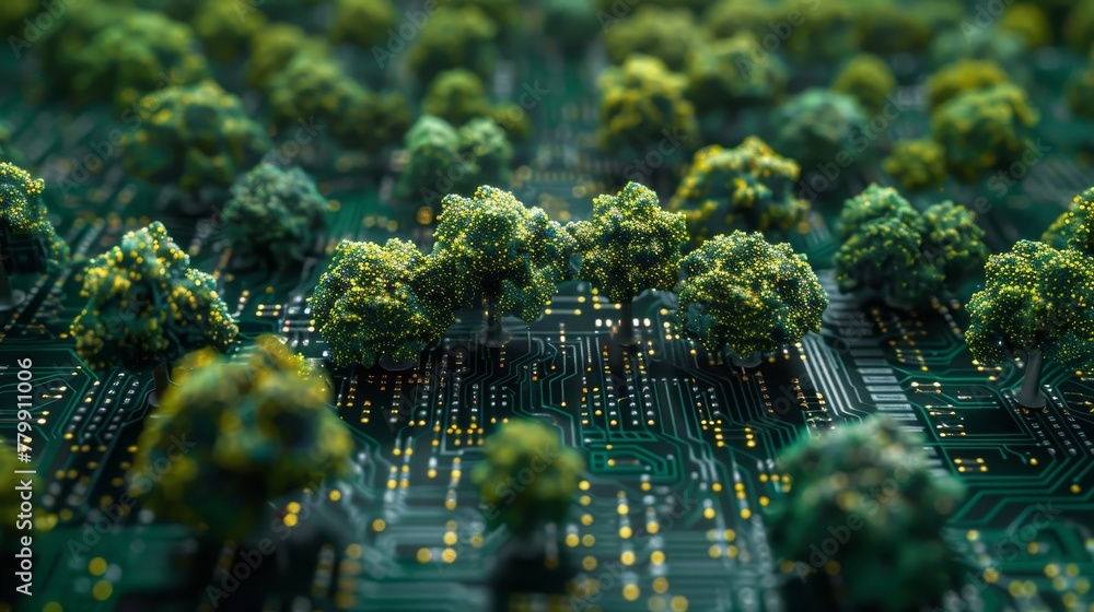 Poster a computer chip with a forest of trees on it. the trees are lit up with a yellow glow