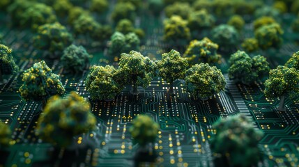 A computer chip with a forest of trees on it. The trees are lit up with a yellow glow