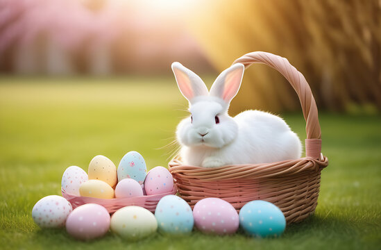 Easter bunny sitting in the basket on a grass near eggs, basket and willow twigs on a green background, copy space