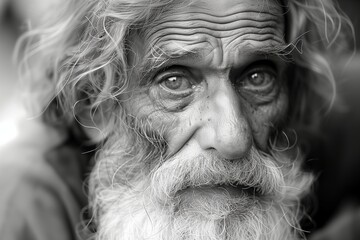 Depth etched into every wrinkle, wise eyes gaze through time, life's tales woven into silver hair and beard. Chronology marked in each crease, knowing gaze traverses epochs,