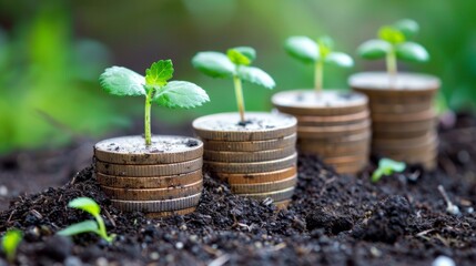 A group of coins stacked on top of each other with a plant growing out from the middle, AI