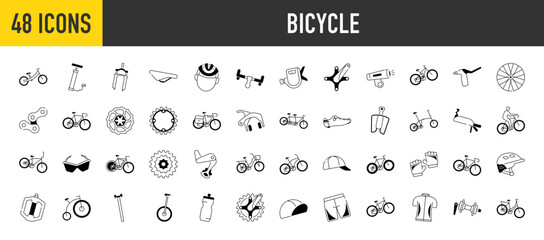 Bicycle and cyclists icons set. Such as ride, wheel, race bike, fork, seat, hub, handlebar, water bottle, gear, lever, helmet, path, delivery man, carrier, suit, lamp, air pump, chain vector icon	
