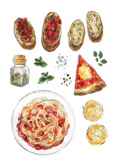 Spaghetti. Pasta painted watercolor on a white background. Colorful sketch of food. Italian food.	 - 779911687