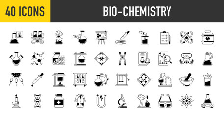 Biochemistry icons set. Such as science, dish, molecular, experiment, physics, botany, lab, coat, microscope, certificate, chemical, pills, test, dna, research, analysis, atom vector illustration icon