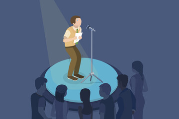 3D Isometric Flat Vector Illustration of Fear Of Public Speaking, Anxious Worried Speaker