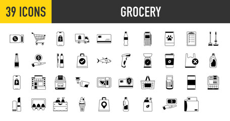 Grocery icons. Such as store, online sales, delivery, consumer, basket, dairy, meat, bread, vegetables, fruits, paper bag, refund, trolley, coupons, payment, food, wishlist, softdrink, edc vector icon