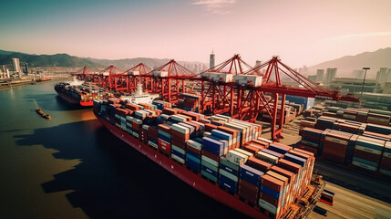 Naklejka premium View of fully loaded Cargo ships in port, import export concept 