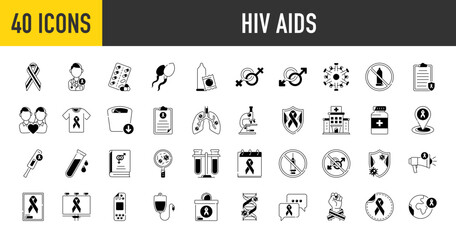 AIDS HIV icons set. Such as	test, blood, pills, unprotected, medical report, tube, medicine, couple, protection, forbidden, dna, sperm, world, protect, doctor, campaign, insurance vector icon
