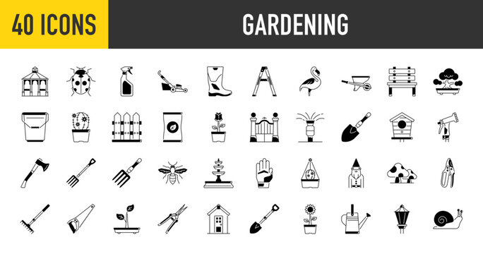 Gardening icon set. Such as ladder, gazebo, street lamp, bee, pitchfork, shed, cactus, flamingo, hose, axe, bench, bonsai, ladybug, snail, sunflower, bird, house, boots, bucket vector illustration.	