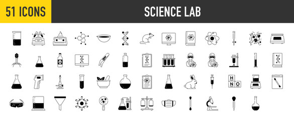 Science lab icon set. Such as medical healthcare, chemical formula, medical doctor research, chemistry testing lab, formula, atom, dna, beaker glass, periodic table icons. Vector illustration
