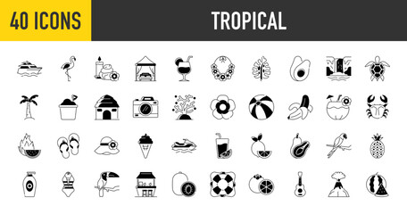 Tropical vacation icons set. Such as seasonal elements, flamingos, ice cream, pineapple, tropic leaves, cocktails, plumeria, watermelon, beach, yacht, juice, life jacket, camera, bikini and more icon.