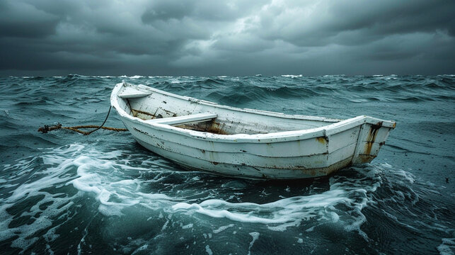 An empty, overturned boat in stormy seas, symbolizing challenge and obstacle without a survivor in sight.