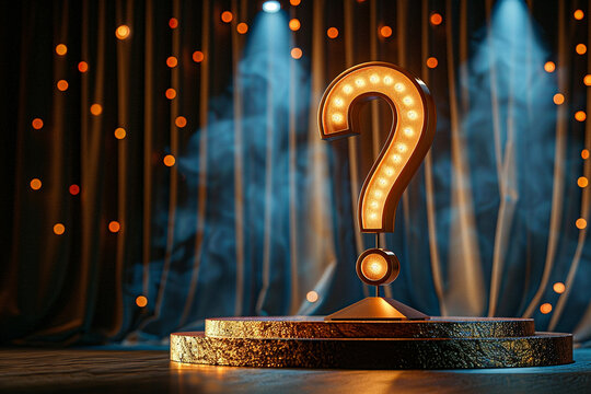 An empty stage with a single spotlight illuminating a question mark, providing a dramatic backdrop for queries.