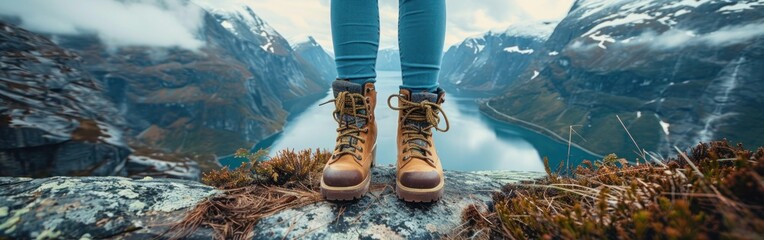 Scenic Mountain Lake Hike: Woman Resting on Rock with Panoramic View of River Fjord and Nature Landscape in Hiking Shoes