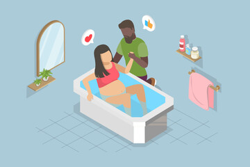 3D Isometric Flat Vector Illustration of Childbirth, Giving Birth at Home - 779912658
