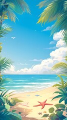 Obraz na płótnie Canvas Captivating Tropical Beach Party Invitation Backdrop with Lush Palm Fronds and Idyllic Ocean Scenery