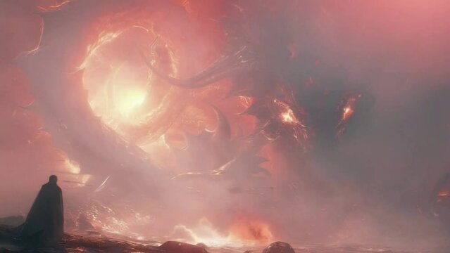A large, fiery monster is depicted in a fiery landscape 4K motion