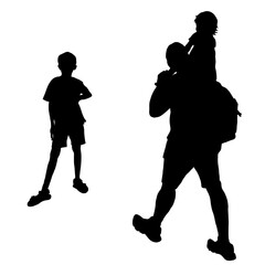 Vector silhouettes of people. A man with a backpack carries a little girl on his shoulders. The boy stands tall, hand to side. Back view of a man with a child.