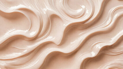 Texture of moisturizing beige cream with abstract smooth waves with curls. Moisturizing face cream in light pastel tones. Smooth shiny surface. - obrazy, fototapety, plakaty
