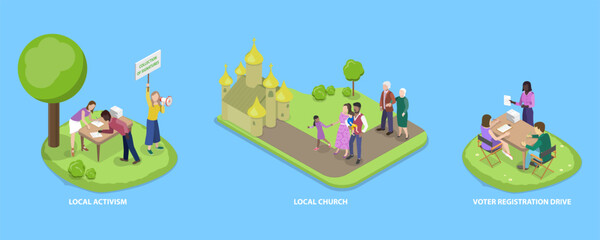 3D Isometric Flat Vector Illustration of Neighborhood Social Life, Local Community Activism