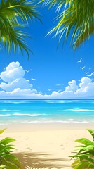 Fototapeta na wymiar Idyllic Tropical Beach Scene with Palm Tree Border for Summer Party Invitation