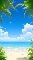 Fototapeta na wymiar Scenic Beach Party Invitation Clipart with Tropical Palm Tree Border