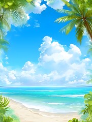 Fototapeta na wymiar Stunning Tropical Beach Scene with Palm Trees and Turquoise Ocean under Bright Blue Sky