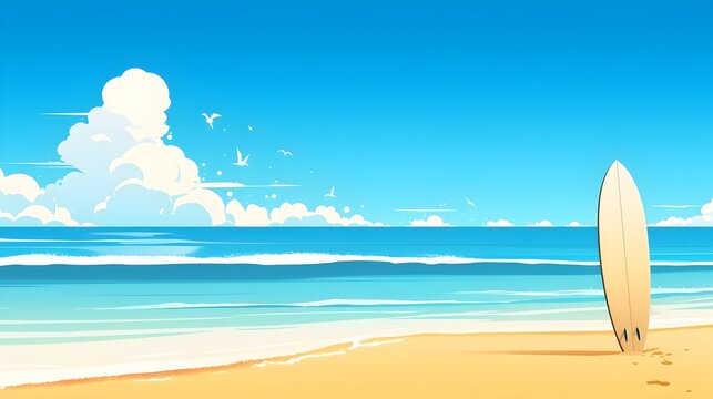 Serene Seaside Beach with Surfboard Standing on the Sand Under a Cloudless Blue Sky