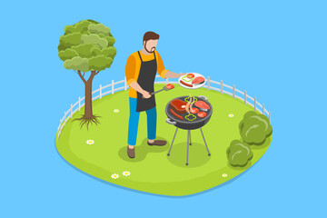 3D Isometric Flat Vector Illustration of Outdoor Activities, Grilled Meat and Vegetables - 779913210