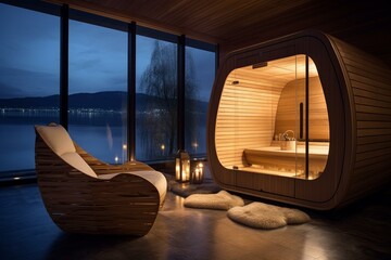 Eco-friendly Modern wooden sauna. Bath healthy. Generate Ai