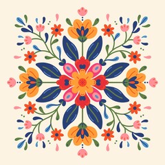 Traditional Mexican folk ornament with symmetrical pattern of colorful flowers and leaves. Floral motifs. Flat design