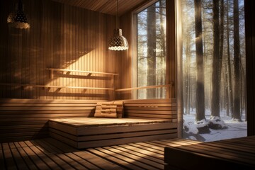 Luxurious Modern wooden sauna relax. Home care. Generate Ai