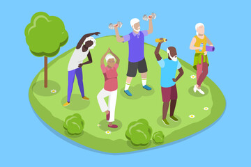 3D Isometric Flat Vector Illustration of Group of Active Seniors, Yoga of Fitness for Eldery People - 779913607