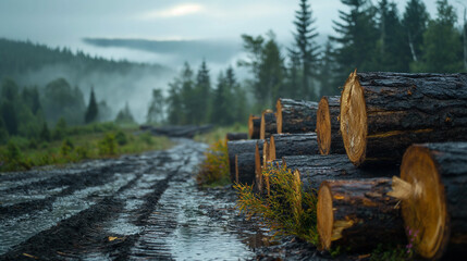 Illustration, industrial logging, large timber trunks ready for shipment. - obrazy, fototapety, plakaty