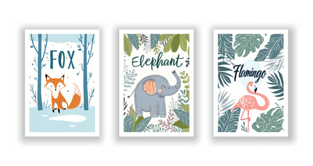 Wildlife and Nature Cards - Elephant, Flamingo, Fox, Hand drawn cute Fox flyer. Vector illustration