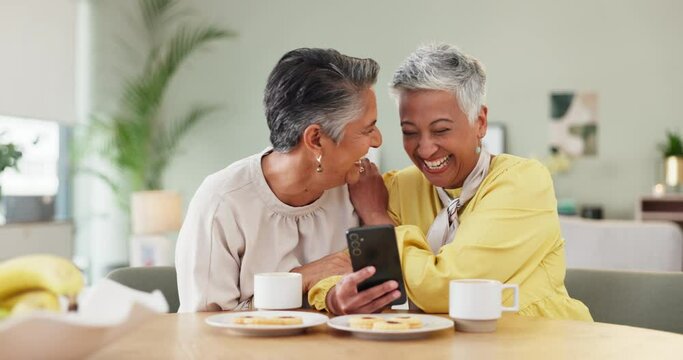 Living room, elderly friends and laughing with smartphone for funny post, notification and connection. Smile, happy and senior women with technology for digital streaming, comedy network or bonding