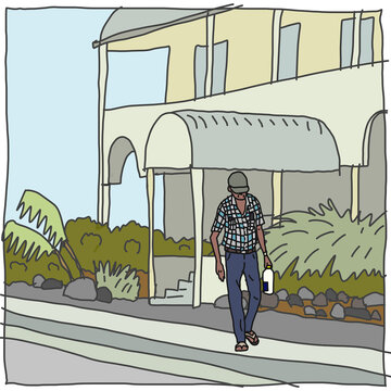 Older man with cap on and head down walking home carrying plastic milk container