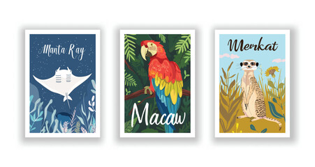 Wildlife and Nature Cards - Macaw, Manta Ray, Meerkat, Hand drawn cute Fox flyer. Vector illustration