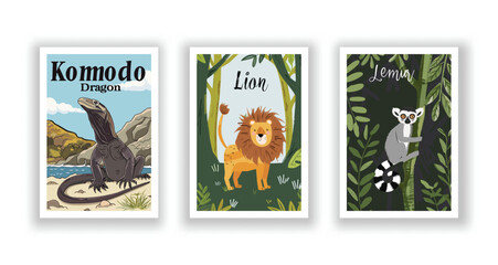 Wildlife and Nature Cards - Komodo Dragon, Lemur, Lion, Hand drawn cute Fox flyer. Vector illustration