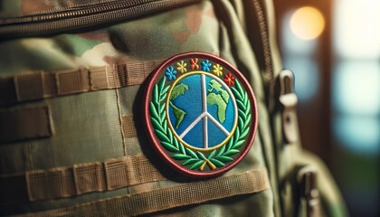 A close-up of a backpack patch symbolizing global peace efforts.