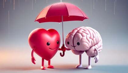3D render of a heart and brain under an umbrella, smiling at each other.