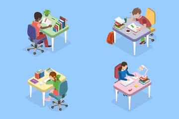 3D Isometric Flat Vector Set of Children Study , Learning Process