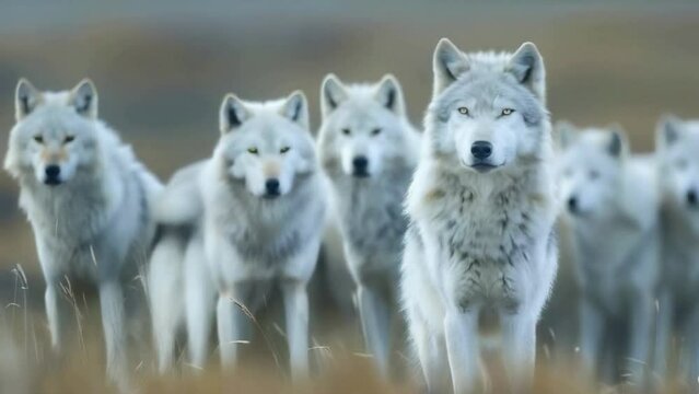 A pack of wolves standing in a field 4K motion
