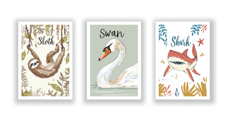 Wildlife and Nature Cards - Shark, Sloth, Swan, Hand drawn cute Fox flyer. Vector illustration - obrazy, fototapety, plakaty