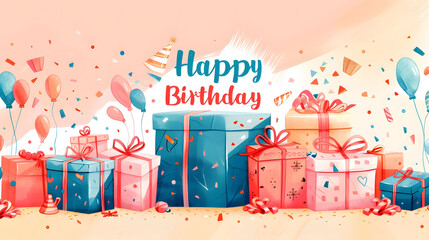 Obraz premium Happy birthday greeting text with with balloons and gift boxes, illustration