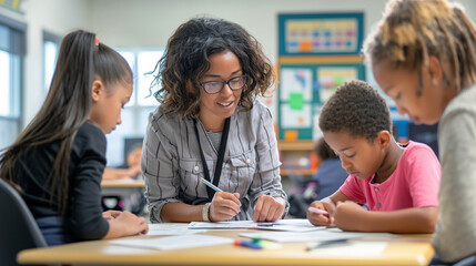A teacher assists a small group of students working on a digital storytelling project. The room's soft, natural light envelops the group, casting shadows that accentuate the collab