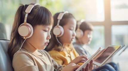Children wearing headphones and using tablets to learn coding through a game-based learning platform. The classroom is bright with morning light, casting soft shadows that emphasiz