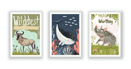 Wildlife and Nature Cards - Warthog, Whale, Wildebeest, Hand drawn cute Fox flyer. Vector illustration