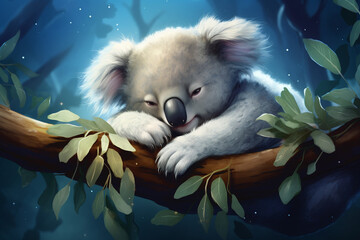 A sleepy koala wearing pajamas, hugging a eucalyptus branch.