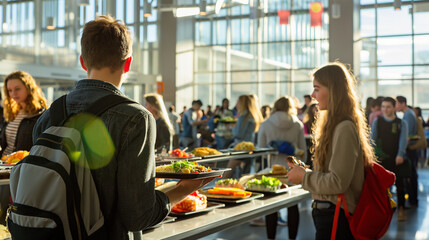A bustling student canteen filled with students holding trays of colorful, healthy lunches. Sunlight streams through large windows, casting soft shadows across the lively space, sh